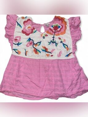 Cato Pink Embroidered Flutter-Sleeve Peasant Top